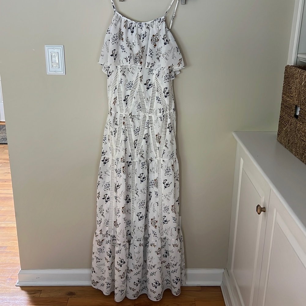 Louna maxi floral dress with appliqué cut out and ruffle neck size XS